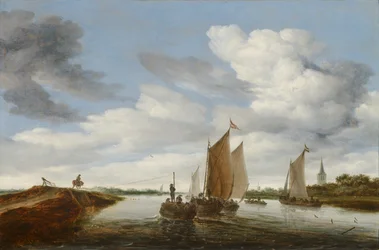 Flodlandskap med segelbåtar och en hästdriven pråm